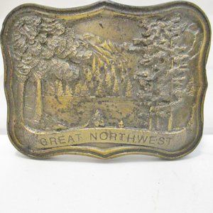 Vintage INDIANA METAL CRAFT Brass Colored Great Northwest Belt Buckle 3" x 2.5"